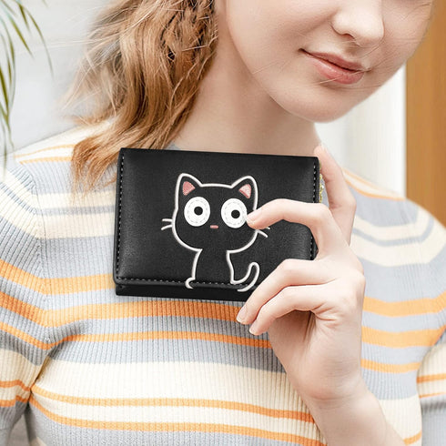 Cute Small Wallets for Women, Fashion Tri-folded Wallet for girls, Short Slim Womens Wallet with ID Window (3D Cat Pattern Black)...