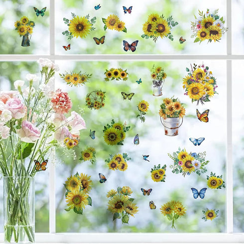 CRASPIRE 8 Sheets 8 Styles Sunflower Window Stickers Spring Summer Theme Butterfly Stickers Window Clings Wall Decor Decals for Fridge Bedroom Liv...