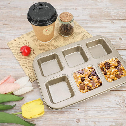 Beasea Brownie Pan, 1 Pack 6 Cavity Gold Nonstick Square Mini Brownie Muffin Cake Pan Cheesecake Cupcake Bakeware Carbon Steel Brownie Baking Tray...