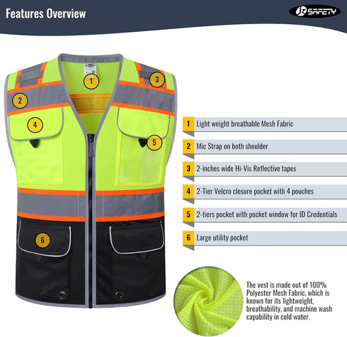 JKSafety Hi-Vis Safety Vest for Men&Women High Visibility Reflective Mesh Construction Work Vest Multi-Pockets PPE ANSI/ISEA compliant (189-Yellow...
