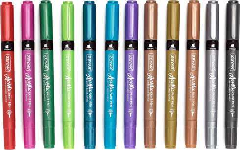 ZEYAR Acrylic Paint Pen, Needle Extra Fine and Chisel Point, 12 Metallic Colors, Waterproof Ink, Works on Rock, Wood, Glass, Metal, Ceramic and Mo...
