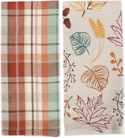 DII Fall Basics Kitchen Dishtowel Collection Printed & Plaid Fall Dish Towel Set, 18x28, Autumn Leaves, 2 Count...
