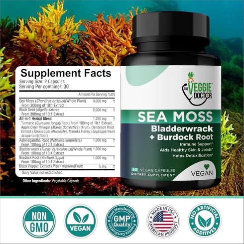Sea Moss - Irish Sea Moss Capsules - Sea Moss, Black Seed Oil, Ashwagandha, Burdock Root & Bladderwrack (9000 mg) - Seamoss Pills Supplement for I...