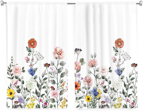 Cinbloo Watercolor Floral Kitchen Curtain Flower Cafe Curtain Rod Pocket 27.5W x 39L Rustic Plants Spring Blossom for Girl Woman Botanical Wildflo...