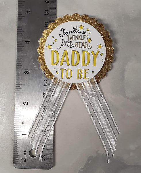 Twinkle Little Star Baby Shower Pin Set - Gold Glitter & White Satin Ribbons for Mommy and Daddy-to-Be...
