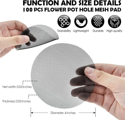 Grandisk 100 PCS Flower Pot Hole Mesh Pad 4 Inch Round Drainage Hole Screens Garden Plant Bonsai Pot Bottom Grid Mat Plastic Mesh Screen Breathabl...