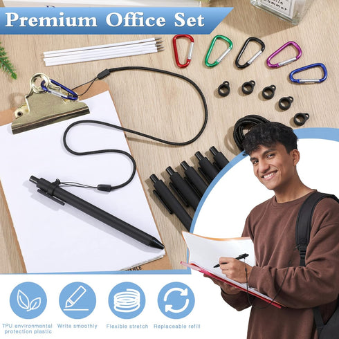 30 Sets Leash Pen Silicone Lanyard 24'' Spring Snap Hook Safety Neck Strap Pen with Refills for Notebook(Black)...