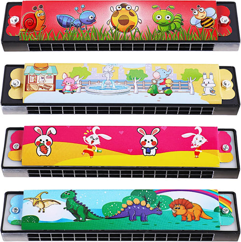UPINS Harmonica for kids adults Beginners Bulk 4Pcs Armonica Para Ninos Cartoon Printed Key of C 16 Hole Harmonica Toy Musical Instruments Birthda...