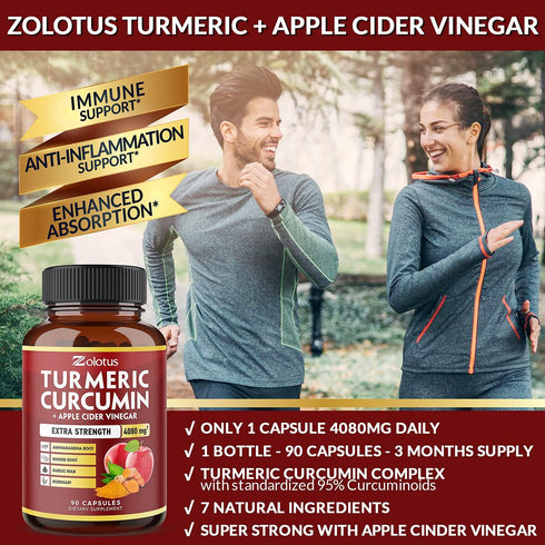 7 in 1 Turmeric Curcumin + Apple Cider Vinegar Capsules, Equivalent to 4080mg, 3 Month Supply with Ashwagandha, Ginger, Garlic Bulb, 95% Standardi...