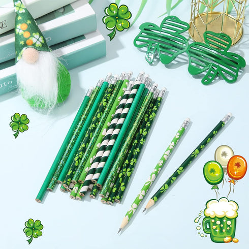 St. Patrick's Day Pencils Shamrock Pencils Clover Novelty Stripe Pencils with Eraser Assorted Kids Pencils Lucky Wood Pencils for 100th Day of Sch...