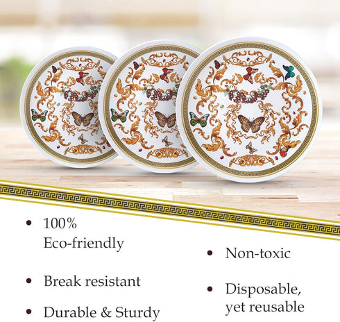 SILVER SPOONS White and Gold Plastic Dinner Plates for Party (10 PC) Heavy Duty Disposable Dinner Set 9", Fine China Look Dishes for Baby Showers,...