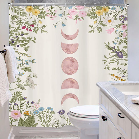 Riyidecor Witchy Moon Phase Shower Curtain for Bathroom Decor 72Wx72H Floral Pink Rustic Wildflower Plant Leaves Botanical Herbs Nature Art Printe...