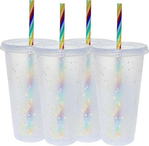 Generic 24 oz Reusable Color Changing Rainbow Cup with Rainbow Straw and Lid 4 Pack,Multicolor...