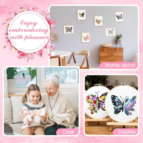 6 Set Butterfly Embroidery Kit Butterfly and Flower Cross Stitch Set Embroidery Kits for Adults with Patterns Instructions Embroidery Hoops Thread...