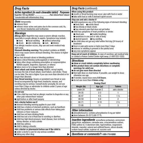 Amazon Basic Care Children's Ibuprofen Chewable Tablets, 100 mg, Pain Reliever and Fever Reducer, Orange Flavor, For Aches, Pains, Sore Throat, To...