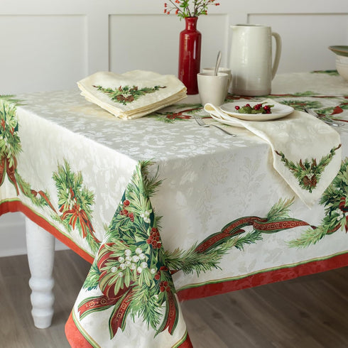 Benson Mills Christmas Ribbons Engineered Printed Fabric Table Cloth, Winter, Holiday and Christmas Tablecloth (60" X 84" Rectangular, Xmas Ribbon...