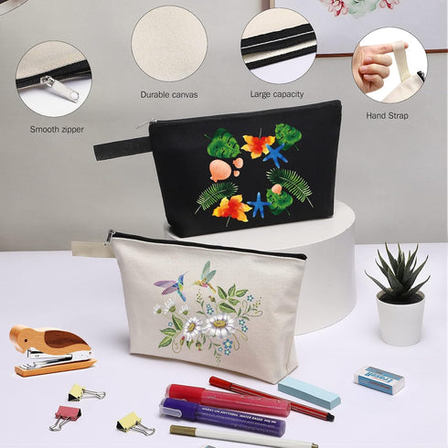 10 Pieces Cotton Canvas Makeup Bag with Bottom, Multi-Purpose Cosmetic Bag with Zipper Travel Toiletry Pouch, Blank DIY Craft Bag Pencil Bag (M, B...