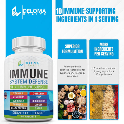 10 in 1 Immune System Support Supplement - Vitamin C (1000 mg), Quercetin, Vitamin D3 (5000iu), Zinc (40 mg), Elderberry, Echinacea, Turmeric, Gin...