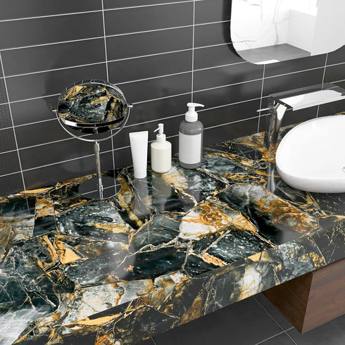 17.7''x100'' Slate Gold Glossy Marble Contact Paper for Countertops Waterproof Peel and Stick Countertops for Kitchen Self Adhesive Removable Viny...