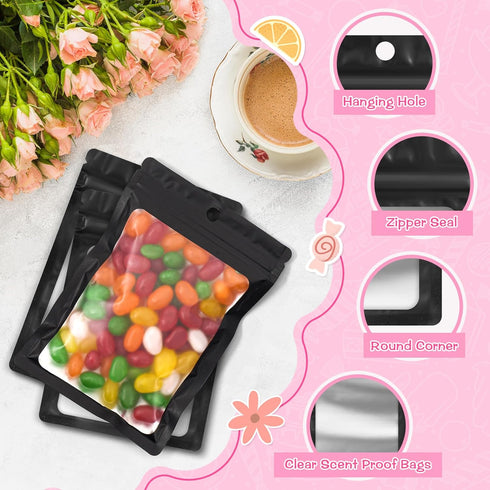 FUNFERY 100 Pack Mylar Resealable Bags Foil Packaging Bags with Clear Window,Zipper Pouch Smell Proof Bags for Food Storage,Cookies,Sample,Small B...