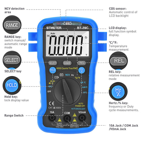 BTMETER BT-39C True RMS Multimeter, Auto Range Digital Avometer 6000 Counts Accurate Measures AC/DC Amps, Volts, Ohms, Capacitance,Frequency with ...