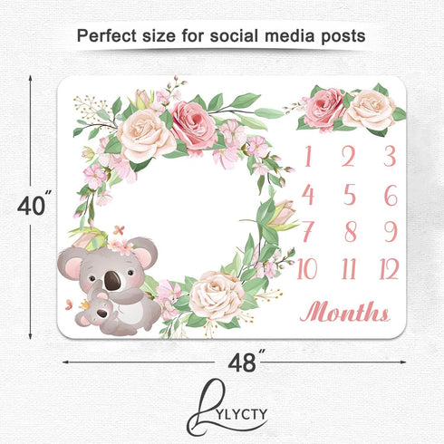Baby Memory Blanket, Koala Cute Animal Flowers Newborn Baby Monthly Milestone Blanket for Girls Princess Baby Age Blanket, 48x40 Inch Nurse Receiv...