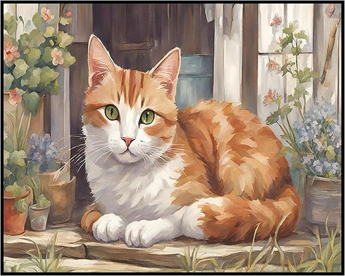 Posterizer 1 pcs- Beautiful cat sitting in a doorway next to flowers-Art for Animal Lovers-Floral Botanical Art- Gift for Men Women Teens-Living R...