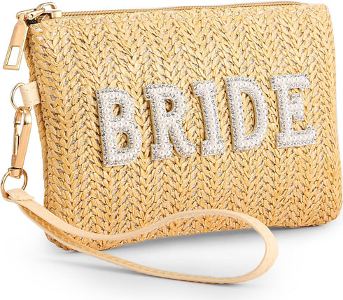 Bride Straw Clutch Purse Pearl Rhinestone Wedding Straw Handbag Women's Bohemian Wristlet Purse for Honeymoon Bridal...