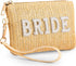 Bride Straw Clutch Purse Pearl Rhinestone Wedding Straw Handbag Women's Bohemian Wristlet Purse for Honeymoon Bridal...
