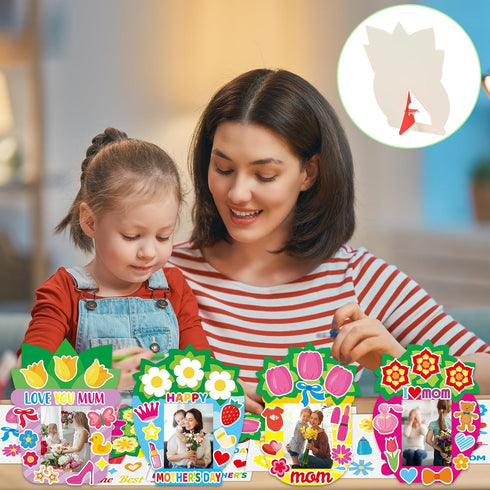 Qyeahkj 32 Sets Mother's Day Picture Frame Craft Kit for Kids DIY Love You Mom Photo Frame Craft Set with Easel Flower Plant Paper Craft Arts with...