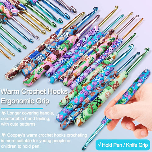 Coopay Warm Crochet Hooks Crocheting, Extra Long Crochet Hook Set for Arthritic Hands, 2.25mm to 8.0mm, 12 pcs Crochet Kit Ergonomic Grips for DIY...