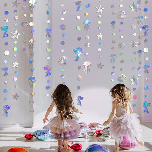 40 Ft Iridescent Mermaid Garland with Jellyfish Seashell Starfish Pearl Holographic Paper Streamer for Little Mermaid Rainbow Theme Birthday Bache...