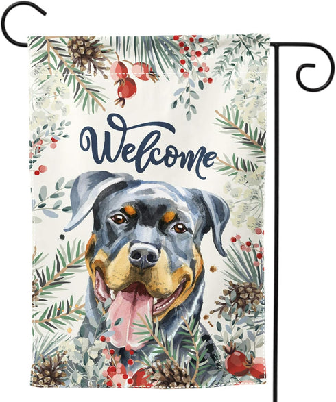 Welcome Rottweiler and Winter Flower Home Flag 12 x 18 Inch Double-Sided Outdoor Yard Flag Decorative Puppy Dog Pet Rescue Garden Flag...