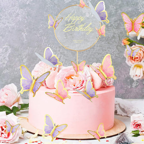 Bucherry 81 Pieces 3D Butterfly Cupcake Topper Gold Round Acrylic Happy Birthday Cake Topper Butterflies Cake Decorations for Birthday Wedding Par...