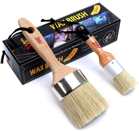 Chalk Paint Brushes Set, Pack of 2 Wax Brush - 2.5 Inches Large, Natural Bristles, Perfect for Furniture Painting, Stencils, Waxing - No Shedding,...