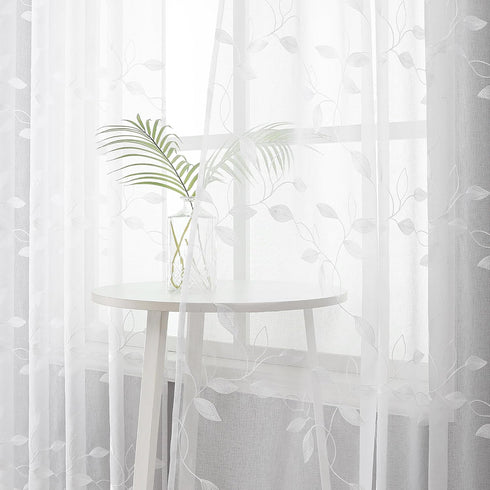 Tollpiz White Leaf Sheer Tier Curtain Leaves Embroidered Kitchen Curtains Rod Pocket Voile Bathroom Window Treatment for Cafe, 30 x 36 inches Long...