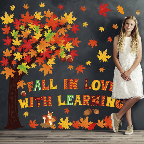 123 PCS Fall Classroom Tree Decorations Maple Leaves Bulletin Board Cutouts Fall in Love with Learning Decors Autumn Party Supplies with Glue Poin...
