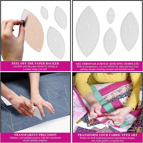 Orange Peel Leaf Quilting Template Set | Essential Quilting Supplies for Leaf-Shaped Designs | Includes Sizes 4", 3", 2", 1" | 1/8 Clear Acrylic |...