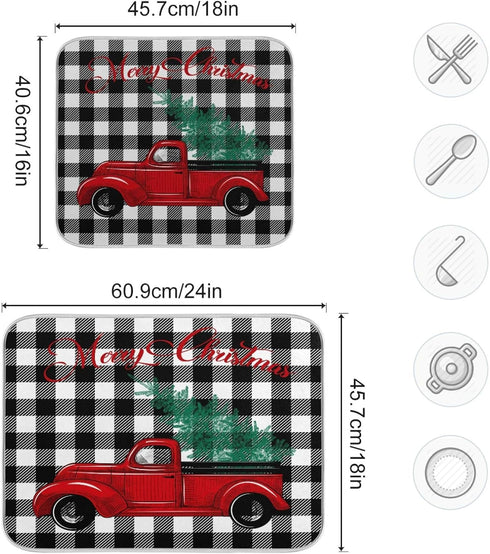 Oarenol Christmas Buffalo Truck Dish Drying Mat Black White Plaid Large 18 x 24 Inch Reversible Drying Mat for Kitchen Counter...