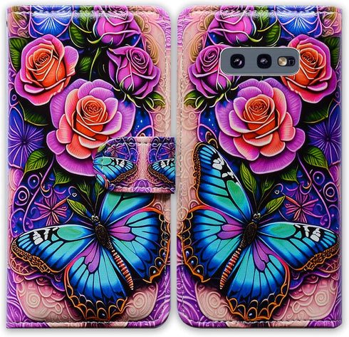 Bcov Galaxy S10e Case,Blue Butterfly Flowers Rose Leather Flip Phone Case Wallet Cover with Card Slot Holder Kickstand for Samsung Galaxy S10e...