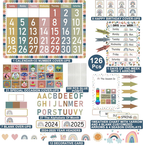 Augisteen 126 Pcs Boho Rainbow Calendar Bulletin Board Set with Seasons Festival Weather and Days of The Week Boho Classroom Calendar Cutouts Deco...