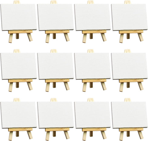 FIXSMITH 3x4 Inch Mini Stretched Canvas Easel Set- Bulk Pack of 12,Set Contains 12 Mini Rectangle Canvases &12 Mini Easels,Small White Art Canvase...