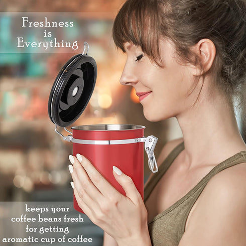 Mixpresso 16 Oz Red Coffee Canister, Stainless Steel Airtight Coffee Container, Air tight Jar Tea Storage with Date Tracker, Vacuum Sealed Espress...