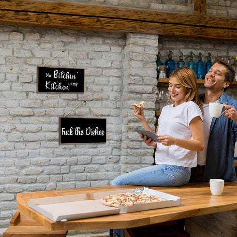 Jetec 2 Pieces Funny Kitchen Signs the Dishes Hanging Wall Art Decoration No Bitchin in My Kitchen Rustic Wooden Wall Signs Decorative Wood Home D...