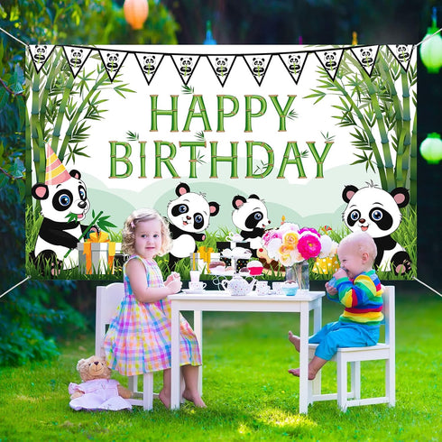 Cartoon Panda Birthday Decorations Panda Backdrop for Party Supplies Animal Themed Banner Green Bamboo Background Baby Shower Photo Background Kid...