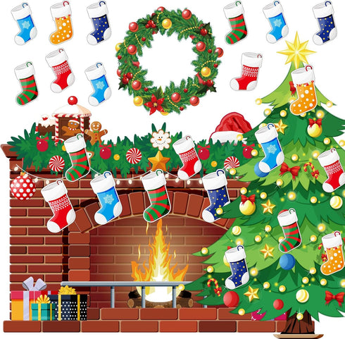 Christmas Bulletin Board Set Christmas Tree Fireplace Bulletin Board Decorations XMAS Holiday Board Classroom Decoration Cutouts for Calendars Bul...