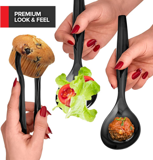 18 Count Disposable Serving Utensils, Black Plastic Serving Utensils Set for Catering Weddings, Holiday Parties, and More, Disposable Serving Spoo...