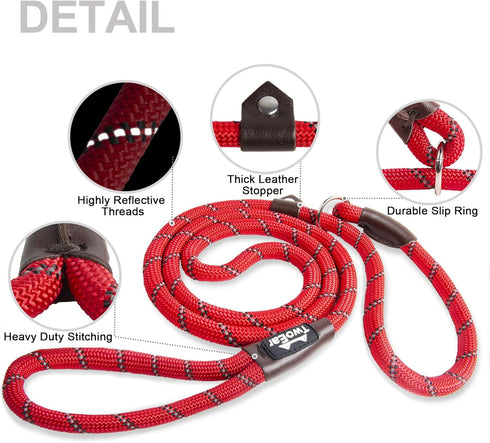 TwoEar Dog Leash Dog Slip Rope Leash 1/2" x 6FT Dog Training Leash Heavy Duty Strong Slip Lead Highly Reflective Threads for Small Medium and Larg...