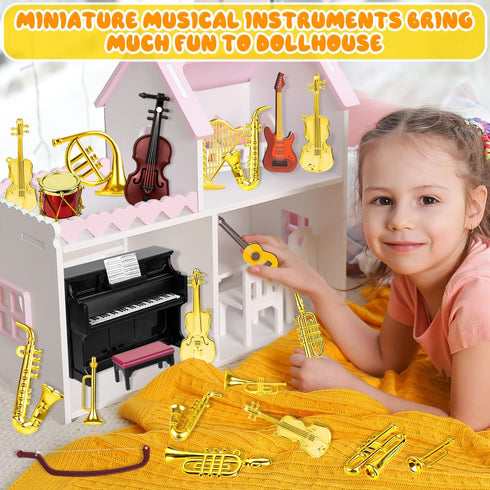 Dollhouse Musical Instruments, Miniature Violin Guitar Piano Drum Trumpet Mini Figurine Ornament for Mini House Musical Room Furnishin...