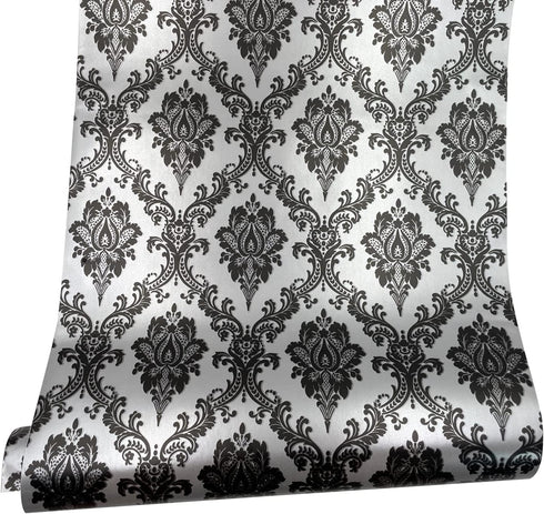 Yifely Retro Black Damask Furniture Paper Self-Adhesive Shelf Liner Light Grey Table Dresser Decor Sticker 17.7 Inch by 9.8 Feet...